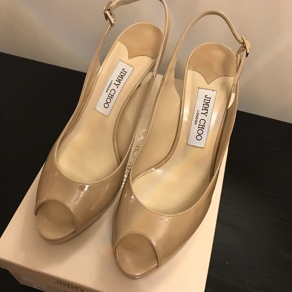 Jimmy Choo Nude  patent peep toe sling back pumps NWB SZ 9 - Picture 5 of 8